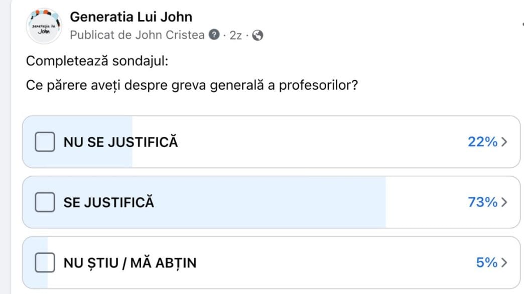 sondaj, grevă în educație, grevă generală, greva profesorilor, creșteri salariale, Facebook, Generația lui John