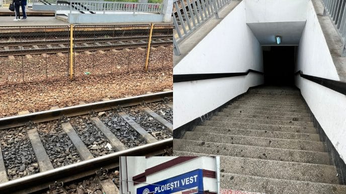 Gara Ploiești Vest, discriminare călători, călători în fotoliu rulant, cărucioare copii, pasaj subteran, lipsă rampe, CFR Călători