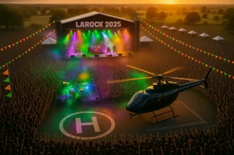 LAROCK, festival rock, elicopter, Domeniul Cantacuzino, experiență unică, preț zbor, trupe confirmate, distracție, muzică live, Larock 2025, AI image