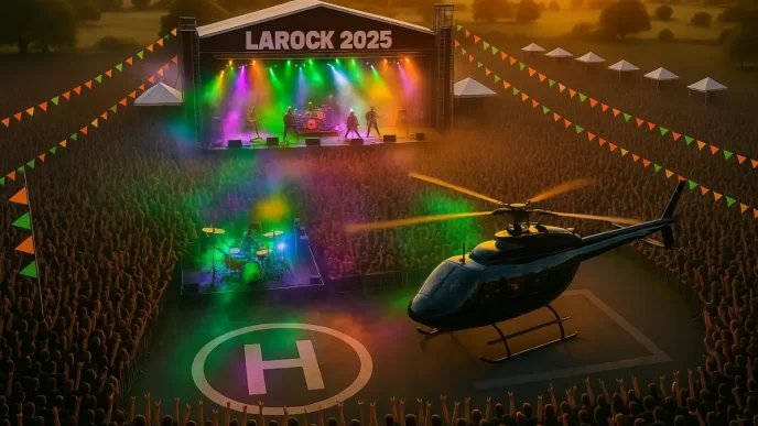 LAROCK, festival rock, elicopter, Domeniul Cantacuzino, experiență unică, preț zbor, trupe confirmate, distracție, muzică live, Larock 2025, AI image