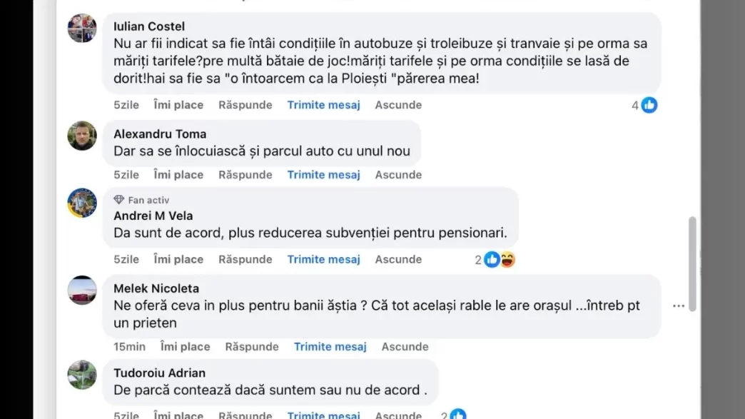 reacții, ploieșteni, majorare preț, preț transport public, TCE Ploiești, aer condiționat, bilet 2025 Ploiești, comnetarii Facebook Generația lui John