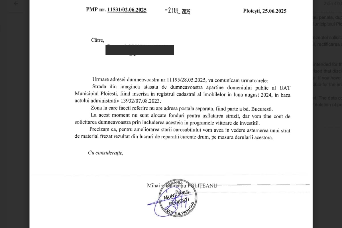 răspuns solicitare, Primăria Ploiești, stradă, Bulevardul București, gropi Ploiești, Mihai Polițeanu, răspuns primar, situație stradă gropi